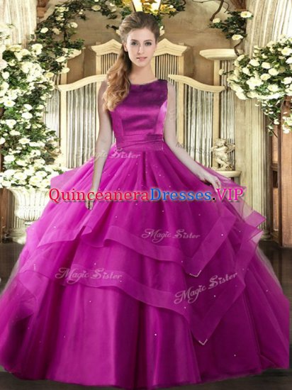 Most Popular Fuchsia Ball Gowns Scoop Sleeveless Tulle Floor Length Lace Up Ruffles and Ruffled Layers 15th Birthday Dress - Click Image to Close