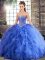 Elegant Blue Tulle Lace Up Quince Ball Gowns Sleeveless Floor Length Beading and Ruffles