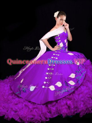 Latest Sweetheart Sleeveless Brush Train Lace Up Military Ball Gown Eggplant Purple Organza
