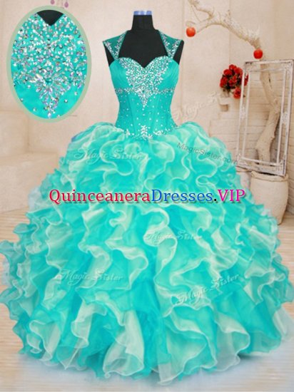 Colorful Floor Length Turquoise Quinceanera Dresses Organza Sleeveless Beading and Ruffles - Click Image to Close