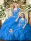 Custom Made Blue Tulle Lace Up Quinceanera Dresses Sleeveless Floor Length Beading and Ruffles