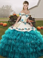 Off The Shoulder Sleeveless Quinceanera Dress Floor Length Embroidery and Ruffled Layers Teal Organza(SKU SJQDDT2141002-4BIZ)