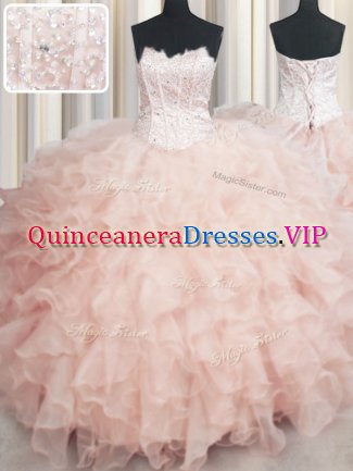 Visible Boning Scalloped Sleeveless Floor Length Beading and Ruffles Lace Up 15th Birthday Dress with Peach