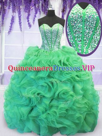Sleeveless Brush Train Lace Up With Train Beading and Ruffles Sweet 16 Dress