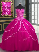 With Train Lace Up Custom Made Fuchsia for Military Ball and Sweet 16 and Quinceanera with Beading and Appliques Brush Train