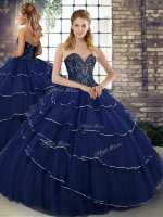 Navy Blue Ball Gowns Sweetheart Sleeveless Tulle Brush Train Lace Up Beading and Ruffled Layers Sweet 16 Dresses(SKU SJQDDT2120002BIZ)