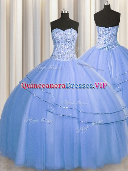 Hot Sale Visible Boning Big Puffy Blue Quinceanera Gowns Military Ball and Sweet 16 and Quinceanera with Beading Sweetheart Sleeveless Lace Up - Click Image to Close