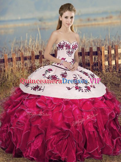 Lovely Floor Length Fuchsia Sweet 16 Quinceanera Dress Organza Sleeveless Embroidery and Ruffles and Bowknot - Click Image to Close