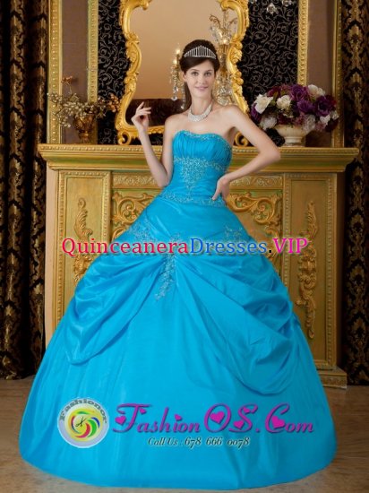 Statesboro Georgia/GA Strapless Sky Blue Quinceanera Dress With Appliques Decorate Pick-ups Gown - Click Image to Close