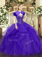 Fitting Purple Tulle Lace Up Sweet 16 Dresses Sleeveless Floor Length Beading and Ruffles