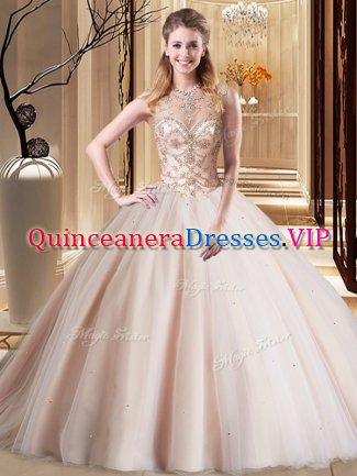 Scoop Sleeveless Tulle Sweet 16 Dresses Beading Brush Train Lace Up