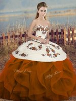 Beautiful Rust Red Tulle Lace Up Sweetheart Sleeveless Floor Length Quinceanera Dress Embroidery and Ruffles and Bowknot