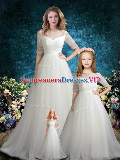 Delicate White Half Sleeves Tulle Brush Train Zipper Quinceanera Dresses for Wedding Party - Click Image to Close
