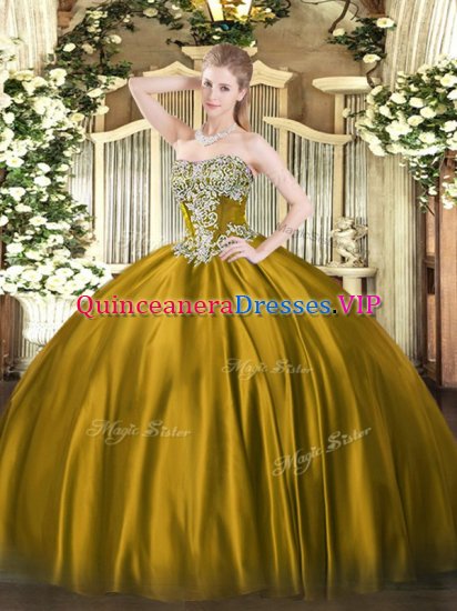 Unique Brown Ball Gowns Strapless Sleeveless Satin Floor Length Lace Up Beading Sweet 16 Dress - Click Image to Close