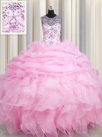 See Through Rose Pink Organza Lace Up Quinceanera Gowns Sleeveless Floor Length Beading and Ruffles and Pick Ups(SKU PSSW0504-4BIZ)