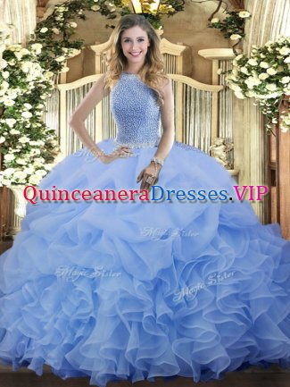 Blue Sleeveless Floor Length Beading and Ruffles and Pick Ups Lace Up Sweet 16 Dresses