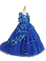 Blue Tulle Zipper V-neck Half Sleeves Party Dress for Girls Brush Train Beading and Appliques(SKU SWLG177BIZ)