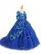Blue Tulle Zipper V-neck Half Sleeves Party Dress for Girls Brush Train Beading and Appliques