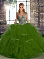 Perfect Olive Green Quinceanera Dresses Military Ball and Sweet 16 and Quinceanera with Beading and Ruffles Straps Sleeveless Lace Up