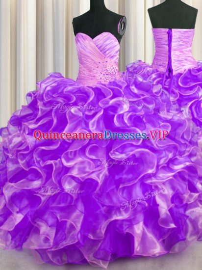 Beading and Ruffles Ball Gown Prom Dress Purple Lace Up Sleeveless Floor Length - Click Image to Close
