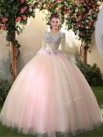 Customized Peach Ball Gowns Scoop Long Sleeves Tulle Floor Length Lace Up Appliques Sweet 16 Quinceanera Dress