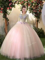 Customized Peach Ball Gowns Scoop Long Sleeves Tulle Floor Length Lace Up Appliques Sweet 16 Quinceanera Dress(SKU YCQD0166-5BIZ)