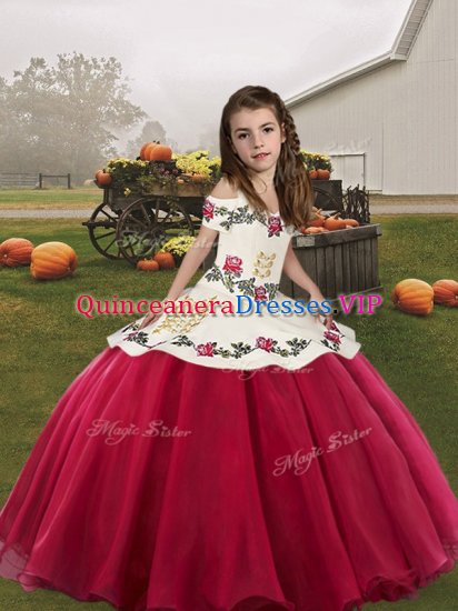 Coral Red Sleeveless Embroidery Floor Length Pageant Dress for Womens - Click Image to Close