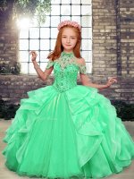 High End Sleeveless Floor Length Beading and Ruffles Lace Up High School Pageant Dress with Apple Green