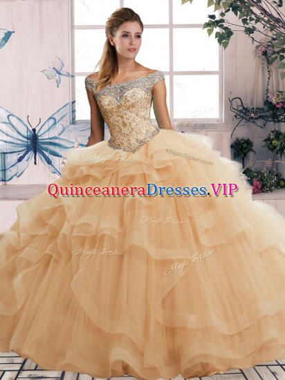 Champagne Tulle Lace Up Sweet 16 Dress Sleeveless Floor Length Beading and Ruffles - Click Image to Close