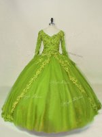 Pretty Olive Green Side Zipper V-neck Lace and Appliques Sweet 16 Dresses Tulle Long Sleeves