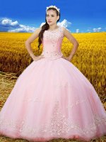 Scoop Sleeveless Lace Up Floor Length Beading and Lace and Embroidery Quince Ball Gowns