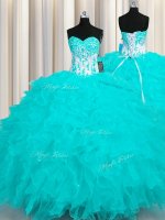 Fancy Sweetheart Sleeveless Lace Up Sweet 16 Quinceanera Dress Aqua Blue Organza