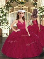 Burgundy Zipper V-neck Ruffles and Ruching Little Girl Pageant Gowns Tulle Sleeveless