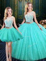 Three Piece Scoop Blue Ball Gowns Lace and Sequins Quinceanera Dresses Lace Up Tulle and Sequined Sleeveless Floor Length