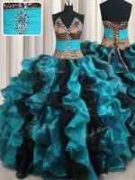 Leopard Two Tone V Neck Beading and Ruffles Quince Ball Gowns Multi-color Lace Up Sleeveless Floor Length