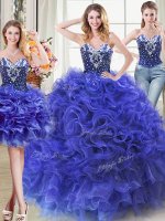Three Piece Sleeveless Organza Floor Length Lace Up Quince Ball Gowns in Royal Blue with Beading and Ruffles