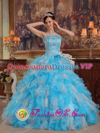 Laudenbach Cheap strapless Quinceanera Dress With colorful Organza Appliques Decorate Gown