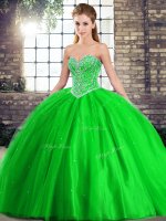 Customized Sweetheart Sleeveless Brush Train Lace Up Sweet 16 Quinceanera Dress Green Tulle