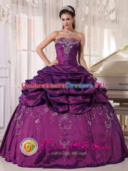 Wahoo Nebraska/NE Beautiful Strapless Embroidery Quinceanera Dress For Eggplant Purple Floor-length Ball Gown with Pick ups - Click Image to Close