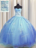 Comfortable Zipper Up Organza Sweetheart Sleeveless Zipper Beading and Appliques Quince Ball Gowns in Blue