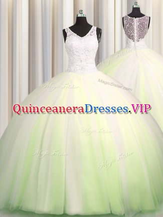 Zipple Up Big Puffy Tulle V-neck Sleeveless Brush Train Zipper Beading and Appliques Quinceanera Dress in Yellow Green