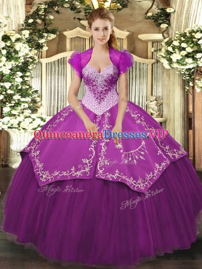 Simple Sleeveless Satin and Tulle Floor Length Lace Up Quinceanera Dresses in Purple with Beading and Embroidery - Click Image to Close