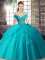 Teal Ball Gowns Off The Shoulder Sleeveless Tulle Brush Train Lace Up Beading and Pick Ups Sweet 16 Dress