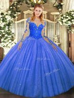 Tulle Scoop Long Sleeves Lace Up Lace Sweet 16 Dress in Blue