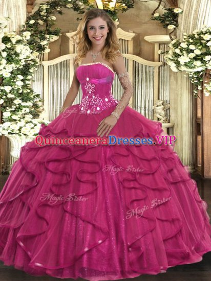 Hot Pink Ball Gowns Strapless Sleeveless Tulle Floor Length Zipper Beading and Ruffles Sweet 16 Dress - Click Image to Close