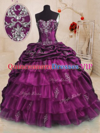 Free and Easy Purple Quinceanera Gown Military Ball and Sweet 16 and Quinceanera with Beading and Appliques and Ruffles and Pick Ups Sweetheart Sleeveless Sweep Train Lace Up