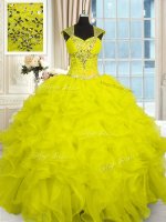 Yellow Cap Sleeves Beading and Ruffles Floor Length Quinceanera Dresses