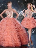 Beading and Ruffled Layers Vestidos de Quinceanera Watermelon Red Lace Up Sleeveless Floor Length