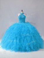 Simple Blue Halter Top Lace Up Beading and Ruffles Quinceanera Dresses Sleeveless