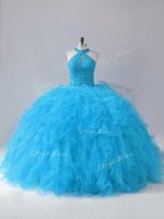 Simple Blue Halter Top Lace Up Beading and Ruffles Quinceanera Dresses Sleeveless(SKU PSSW0808-2BIZ)